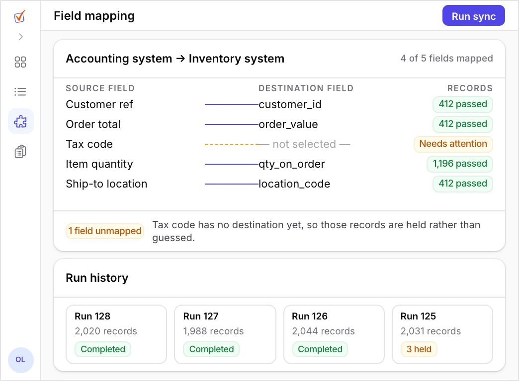 Sync mapping view pairing source fields with destination fields, a per-field record status column, one unmapped field flagged, and a strip of completed runs