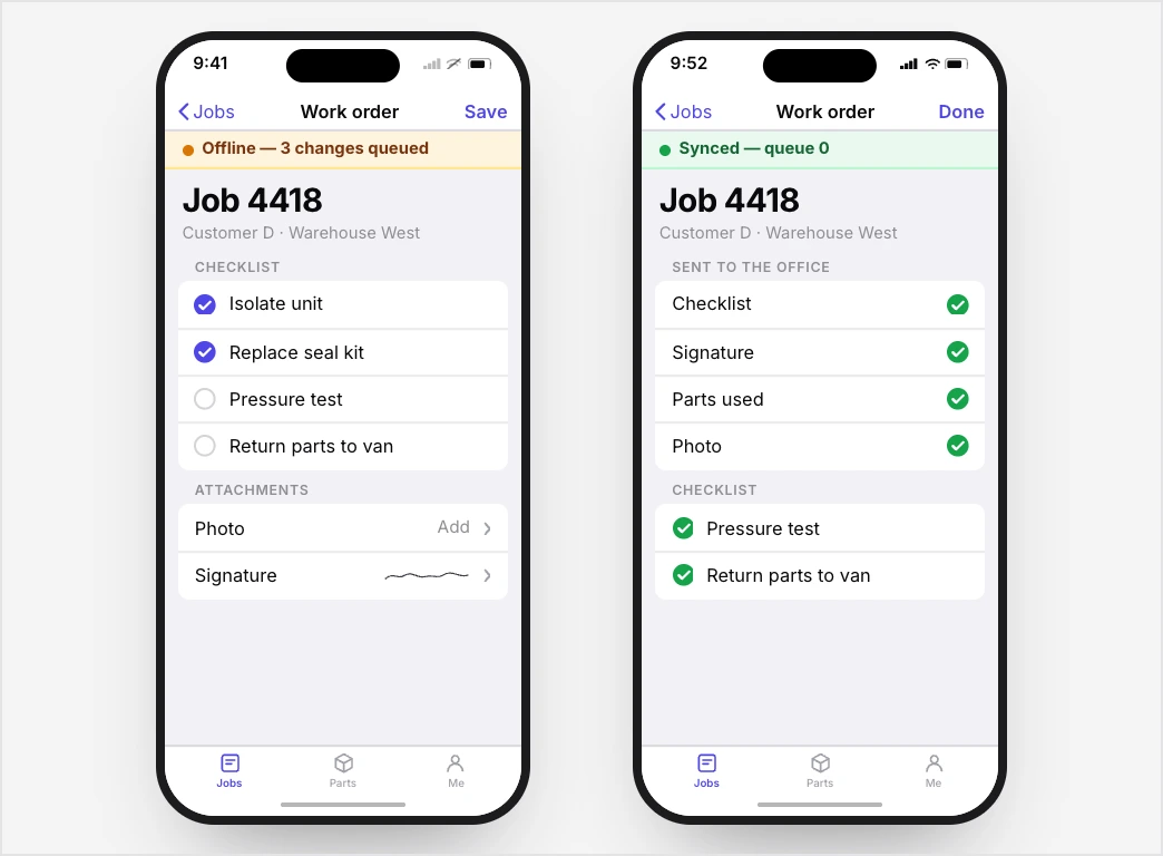 The same field work order on two phone screens: on the left an offline banner with three queued changes, checklist, photo slot and signature field; on the right the same job after sync with the queue at zero